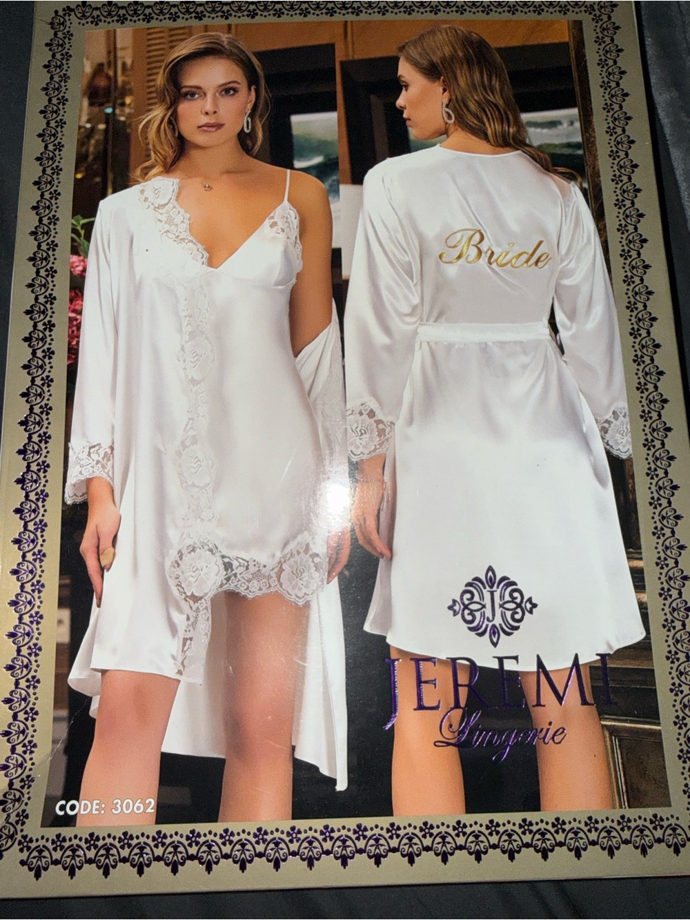 Lingerie Bride Satin Lace Robe and Chemise Set in White